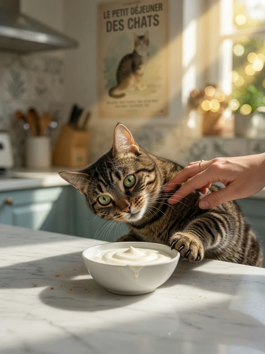 Curious tabby cat reaching toward a bowl of yoghurt on a kitchen counter while owner's hand gently restrains it
