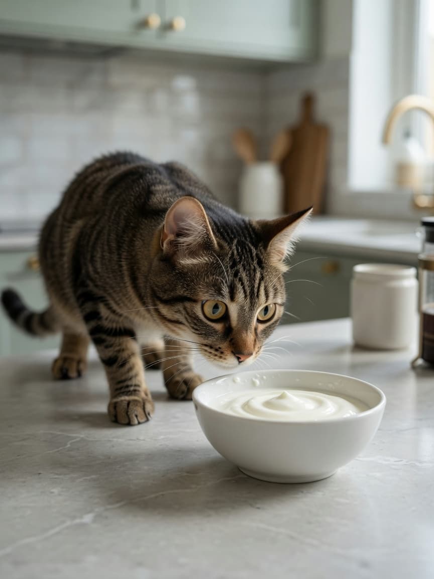 A curious tabby cat with amber eyes sniffing cautiously at a small white bowl of plain yogurt on a kitchen counter in natural daylight