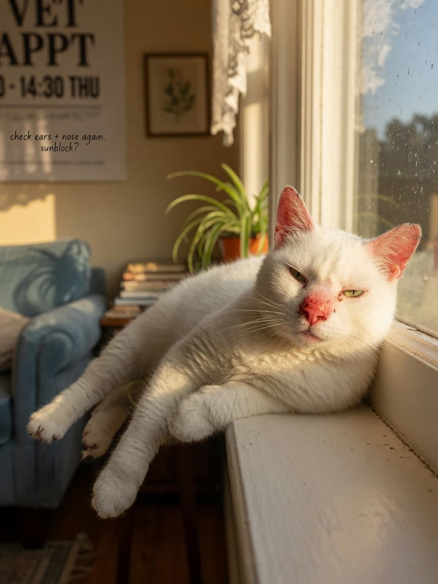 White cat with pink ears and nose showing signs of sunburn on a sunny windowsill