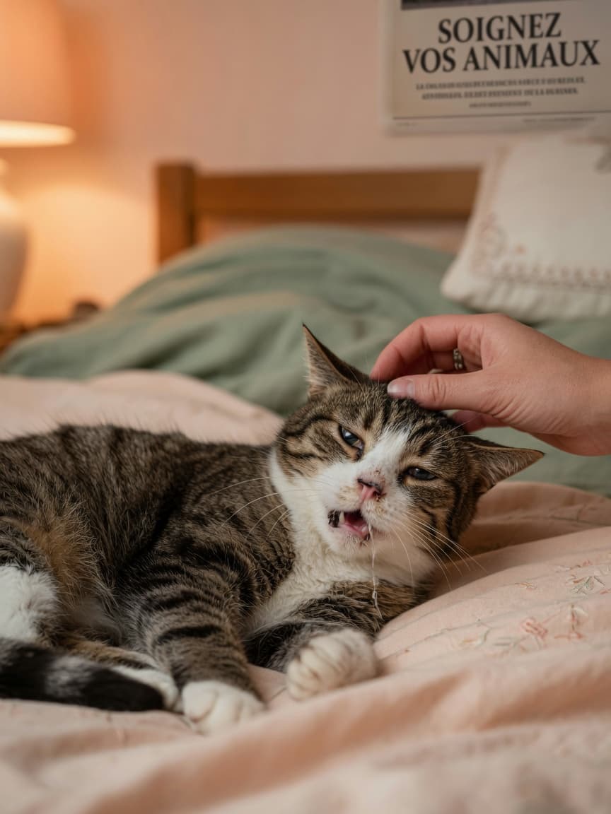 A sick tabby cat with watery eyes and nasal discharge lying on a bed while an owner's hand provides comfort.