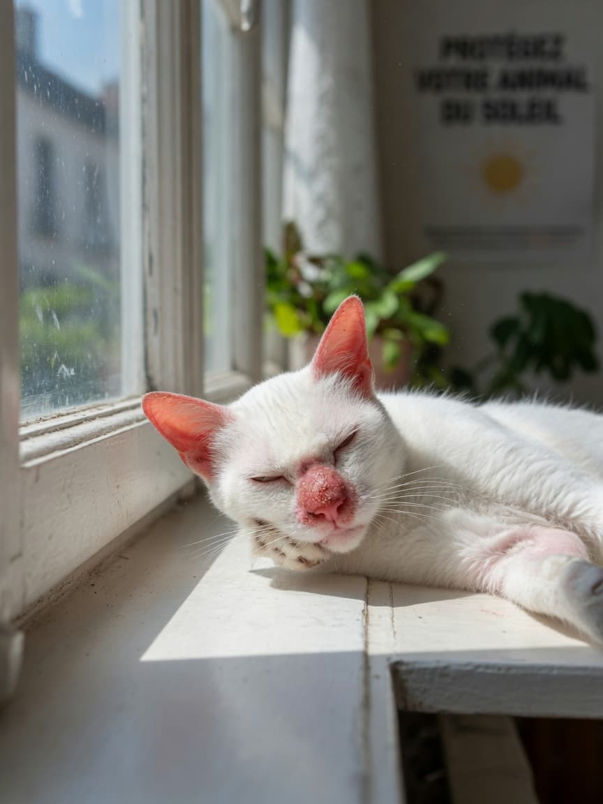 White cat with sunburned pink nose and ears resting uncomfortably on a bright windowsill