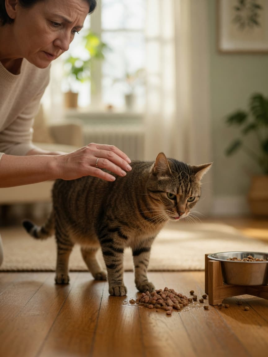 Cat owner observing tabby cat showing discomfort after eating with regurgitated food on the floor beside an elevated food bowl