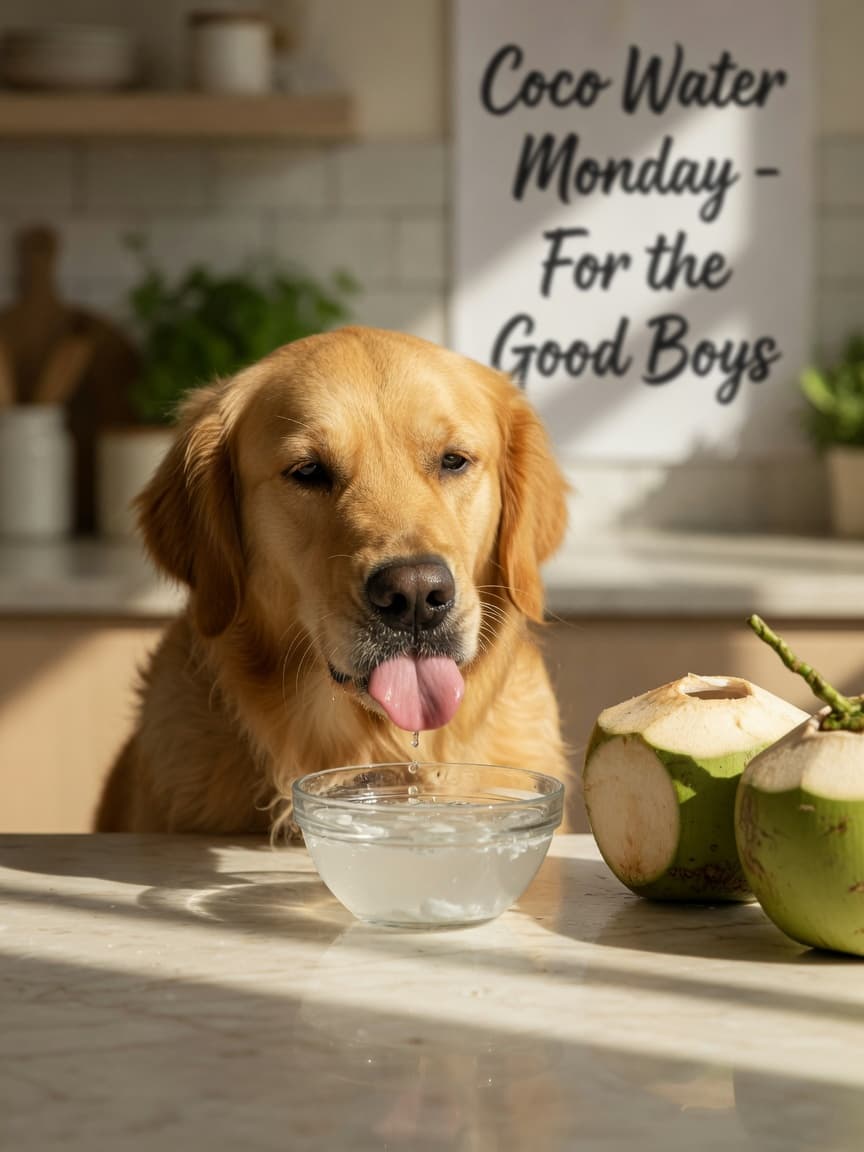 Golden retriever lapping at a small bowl of coconut water with fresh green coconuts on the kitchen counter