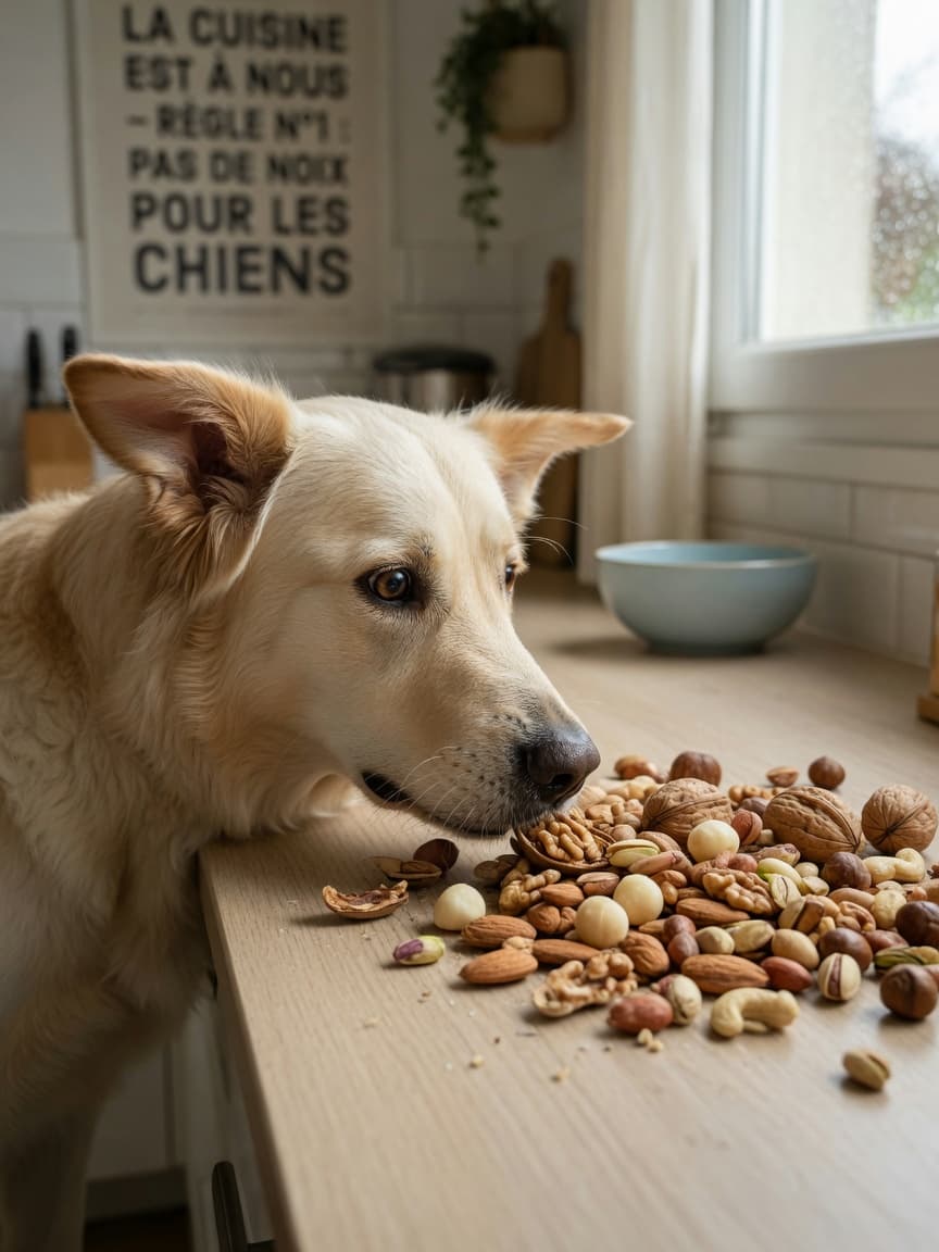 Golden retriever sniffing at a variety of nuts on a kitchen counter