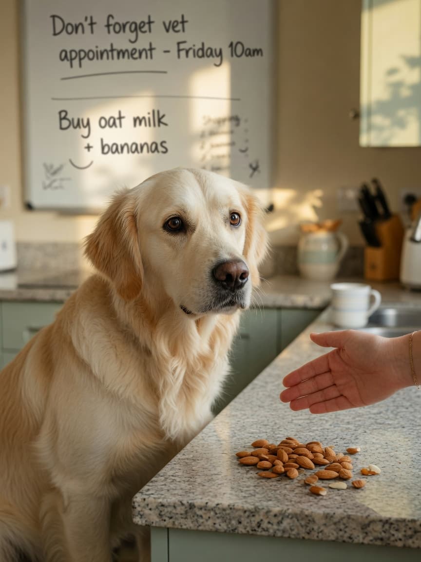 Golden retriever sniffing almonds on a kitchen counter with a human hand reaching toward them