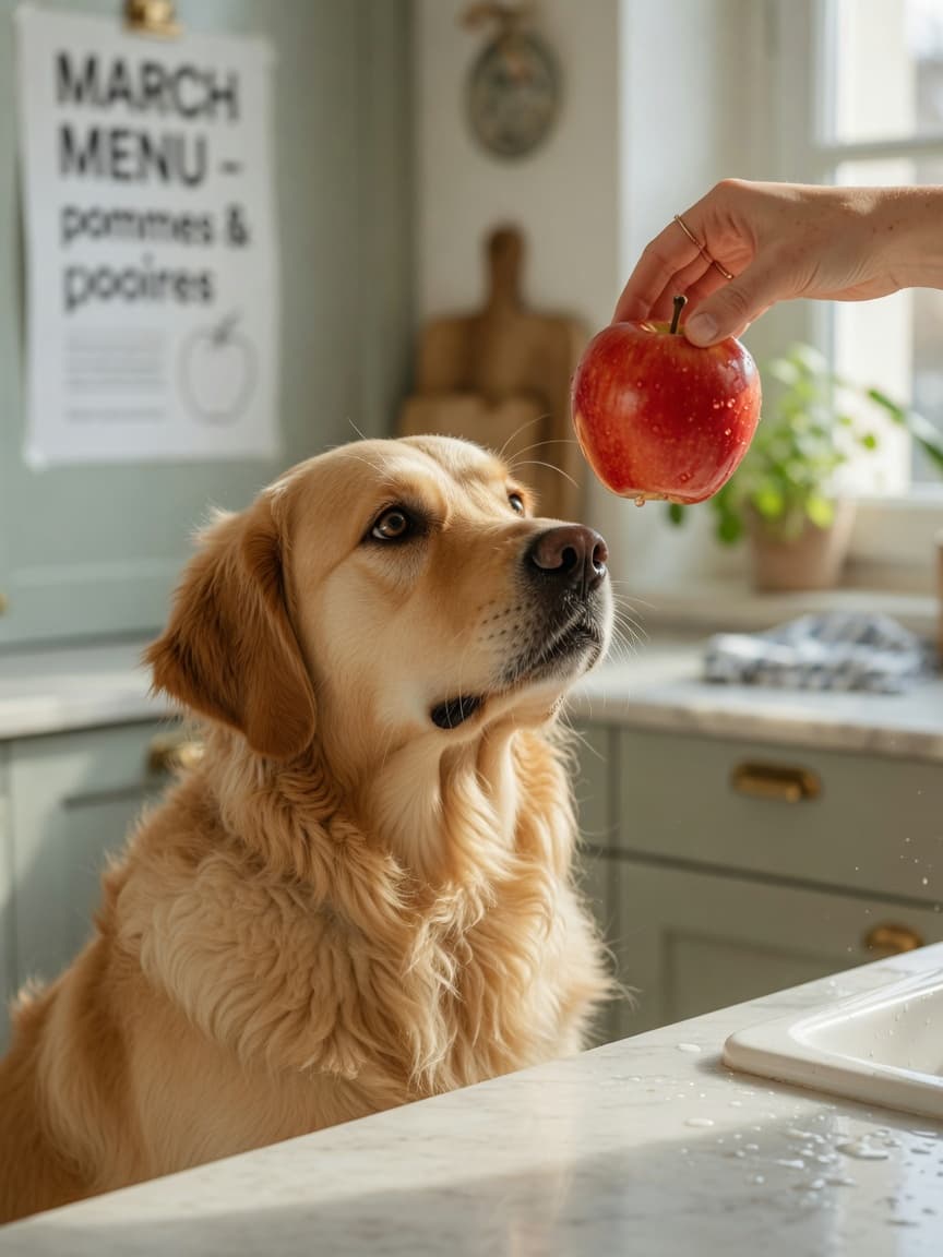Golden retriever looking up at an apple held by a person in a bright kitchen