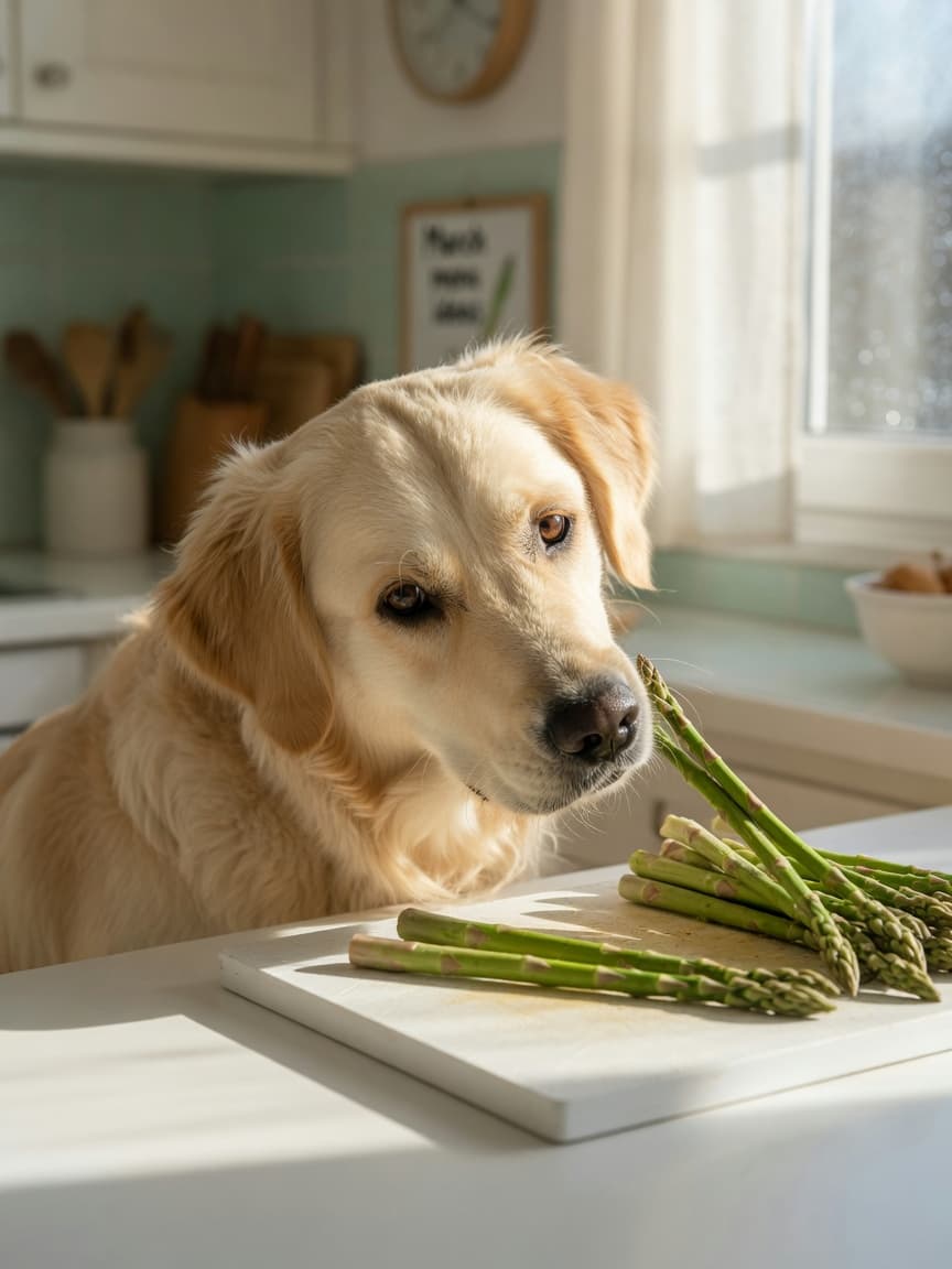 Golden retriever sniffing fresh asparagus spears on a kitchen counter in morning light