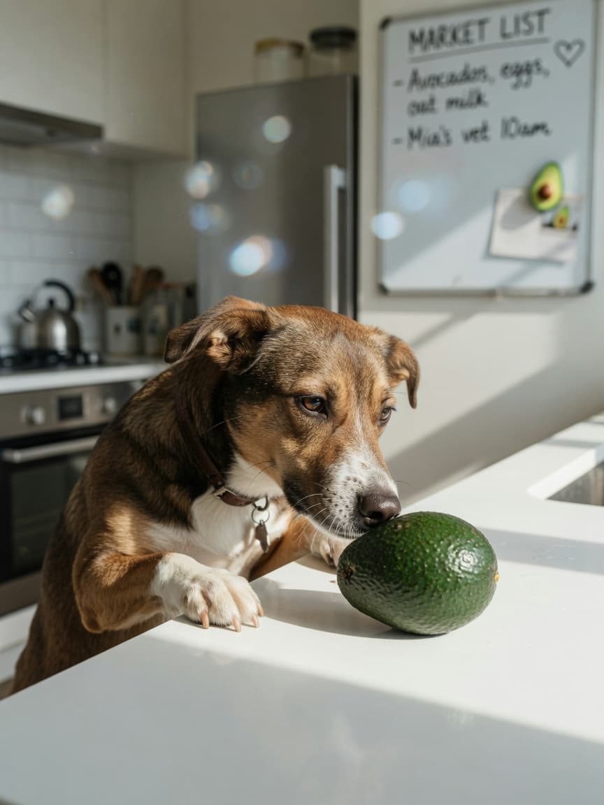 Dog sniffing a fresh avocado on a kitchen counter in natural daylight