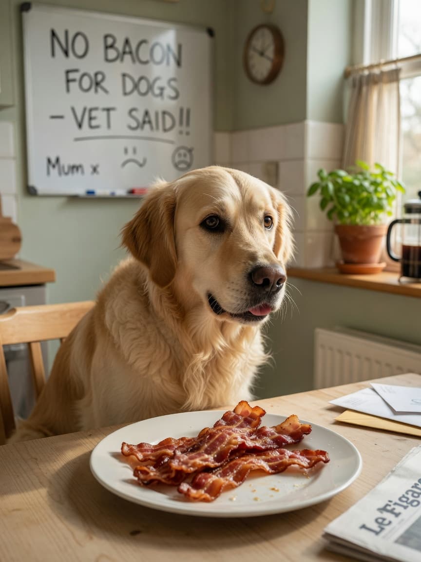 A golden retriever gazing at a plate of bacon on a kitchen table, illustrating the temptation and danger of feeding processed cured meat to dogs