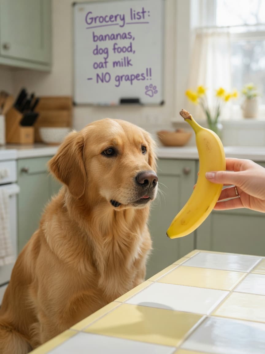 Golden retriever looking at a banana being held by owner's hand in a bright kitchen