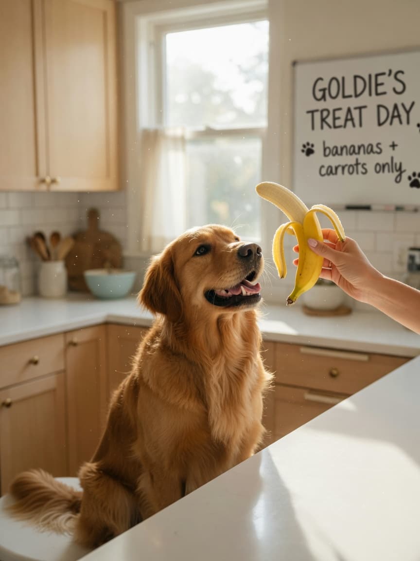 Golden retriever looking eagerly at a fresh banana being held by owner's hand in a bright kitchen