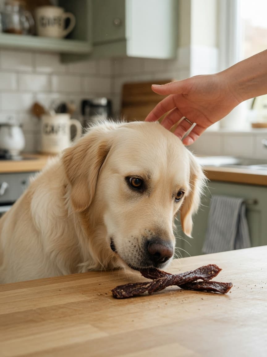 Golden retriever sniffing beef jerky on counter while owner gently redirects