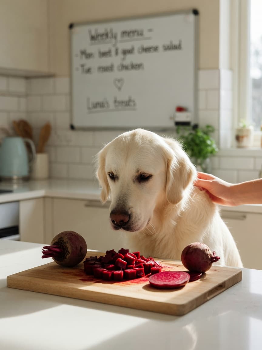 Golden retriever sniffing small cubes of fresh beetroot on a kitchen counter with natural light