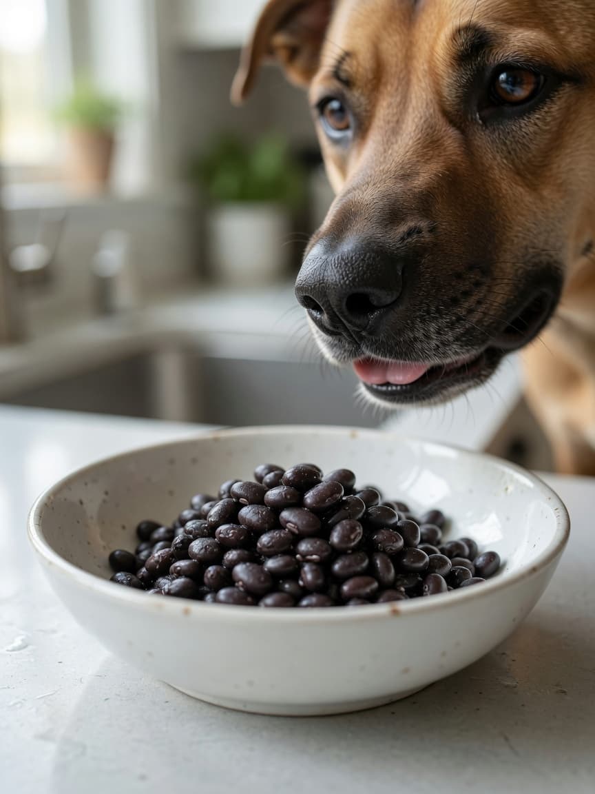 A dog curiously sniffing a bowl of cooked plain black beans on a kitchen counter