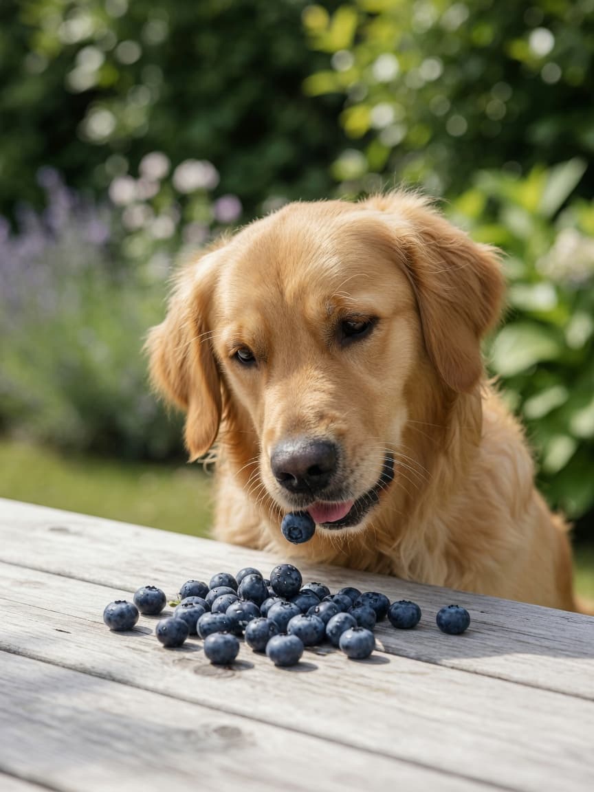 Golden Retriever looking eagerly at fresh blueberries on a wooden surface in natural sunlight
