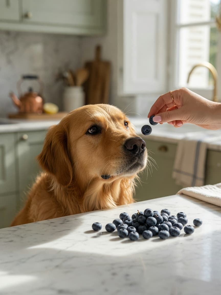 Golden Retriever being offered a blueberry by an owner's hand at a kitchen counter with fresh blueberries