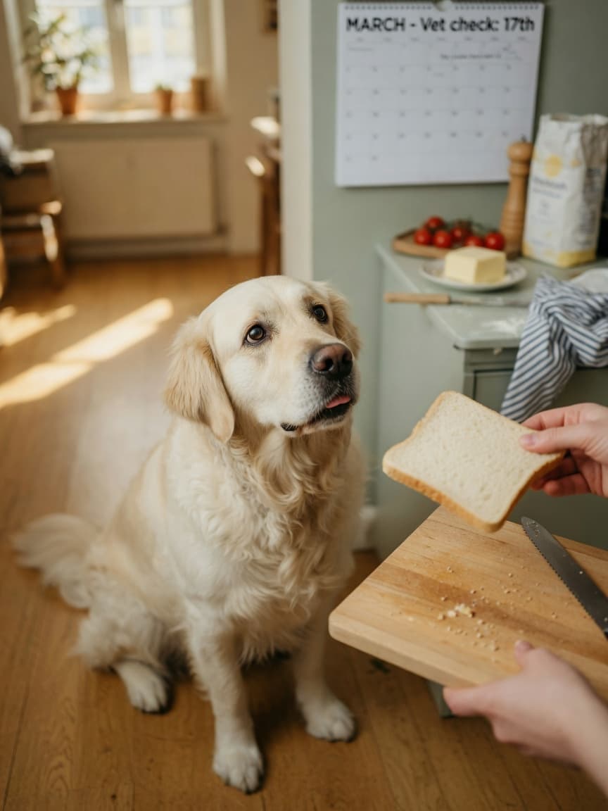 Golden retriever looking hopefully at a slice of bread being held by a person in a kitchen