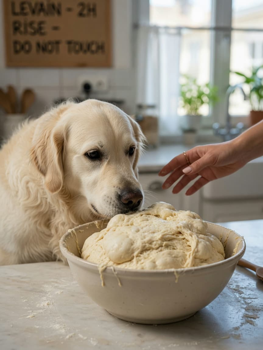 Golden retriever sniffing raw bread dough on a kitchen counter with owner's hand reaching to prevent access