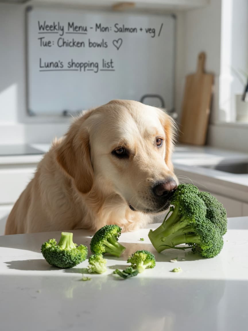 Golden retriever sniffing fresh broccoli florets on a kitchen counter