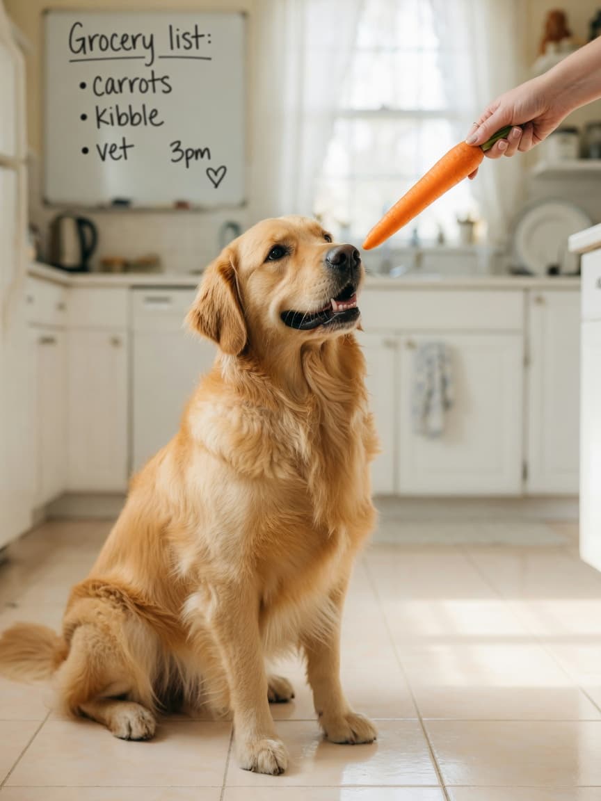 Golden Retriever looking eagerly at a fresh carrot held by a person's hand in a bright kitchen