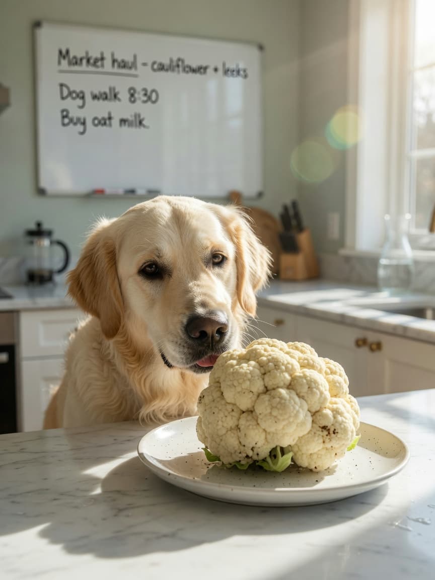 A curious golden retriever sniffing at fresh cauliflower on a kitchen counter in natural morning light