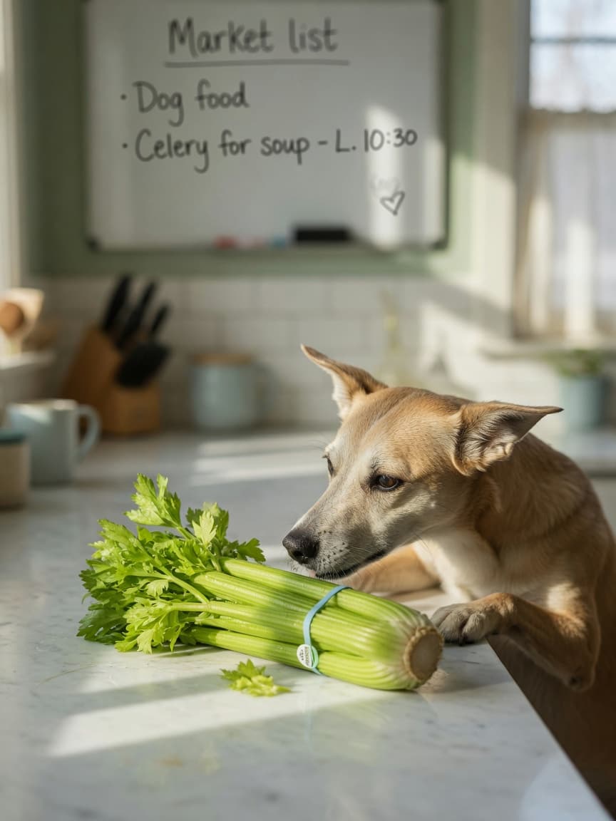 A dog sniffing fresh green celery stalks on a kitchen counter with natural morning light