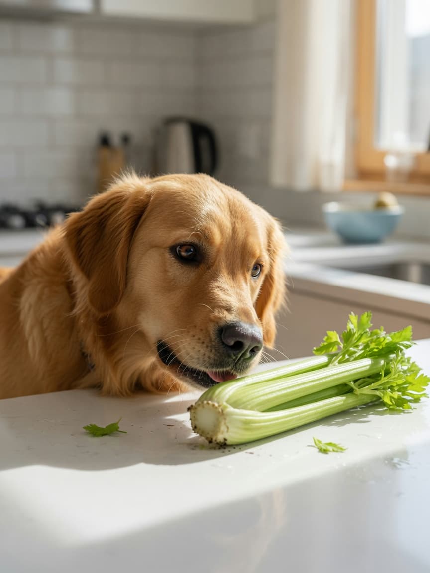 Golden retriever sniffing a fresh celery stalk on a bright kitchen counter