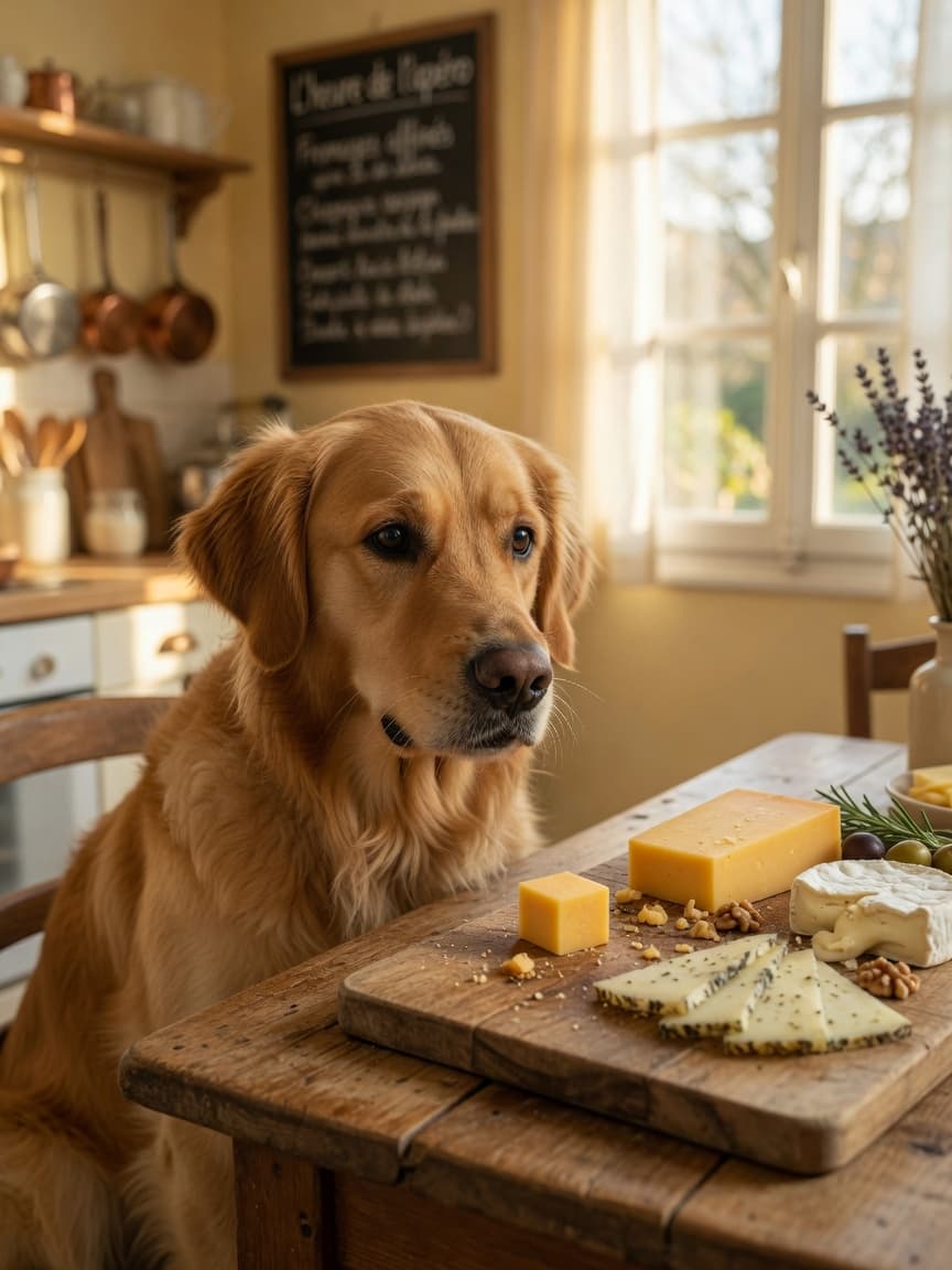 Golden Retriever gazing at small cheese cubes on a kitchen charcuterie board in warm sunlight