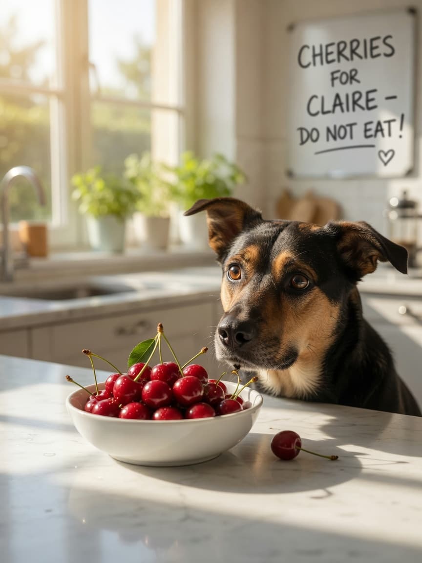 Dog sniffing a bowl of fresh red cherries on a kitchen counter with morning sunlight, illustrating the danger of accidental cherry ingestion