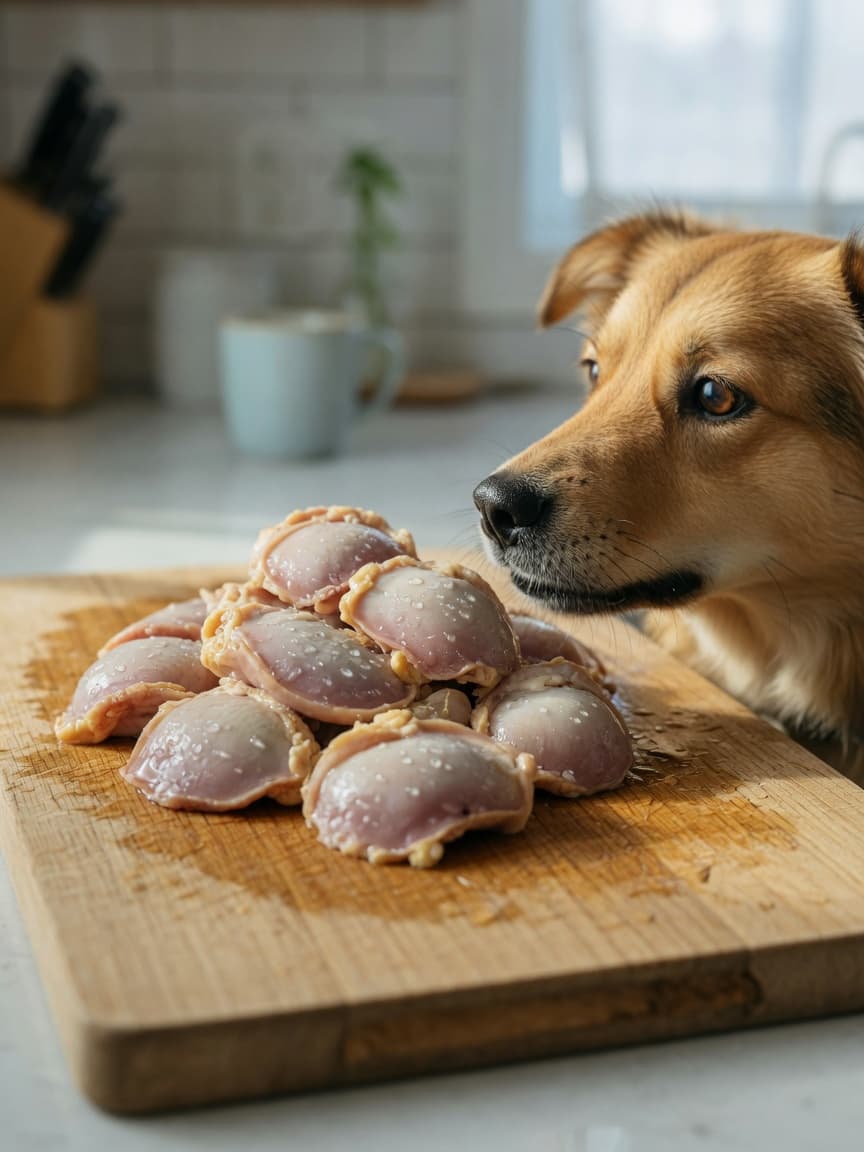 Dog sniffing fresh chicken gizzards on a wooden cutting board in a kitchen