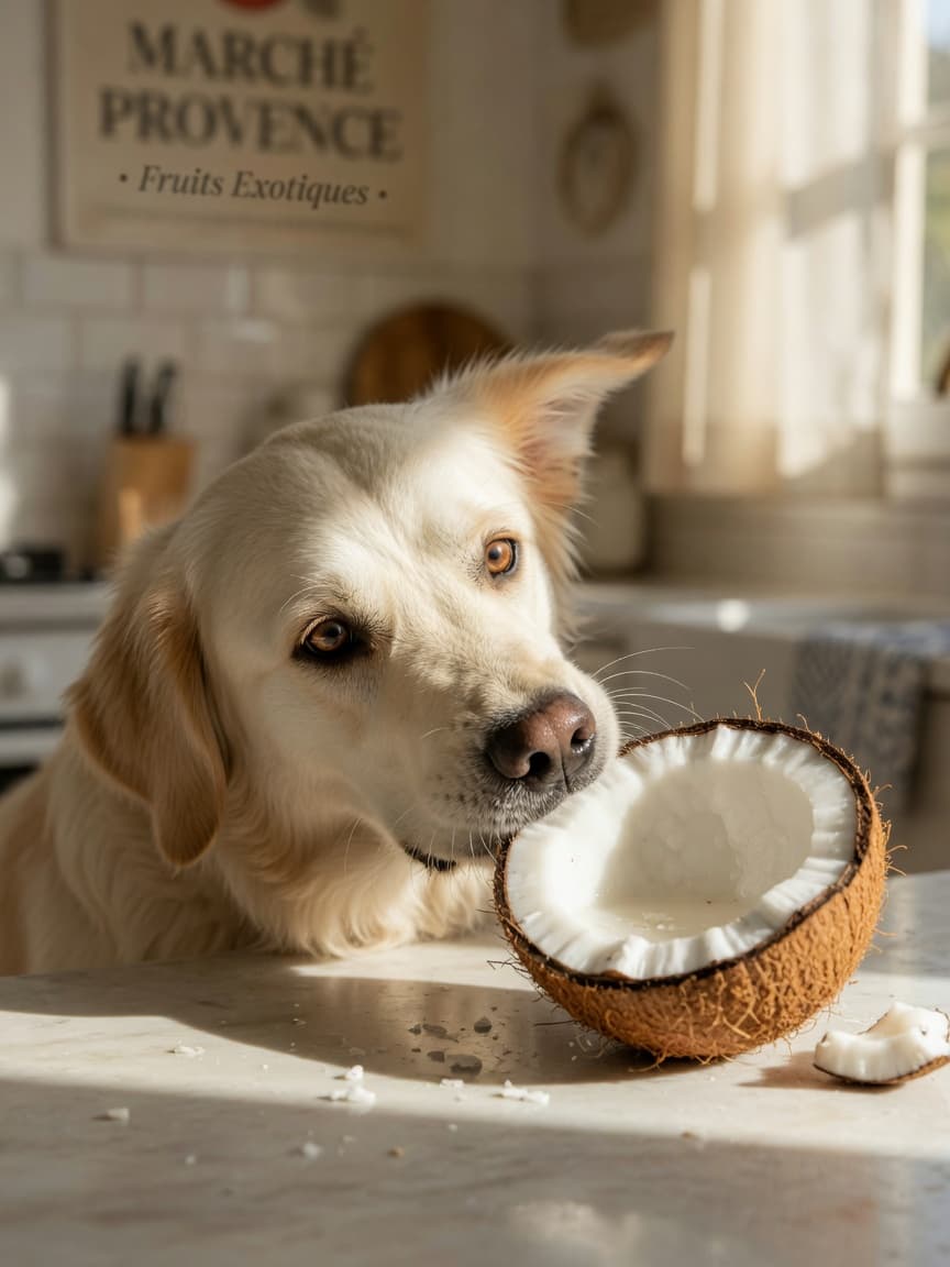 Golden retriever sniffing a fresh coconut on a sunny kitchen counter