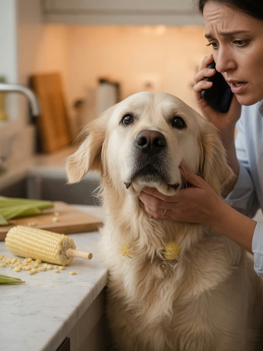 A panicked dog owner on the phone with a veterinarian while holding their golden retriever, with a corn cob visible on the kitchen counter