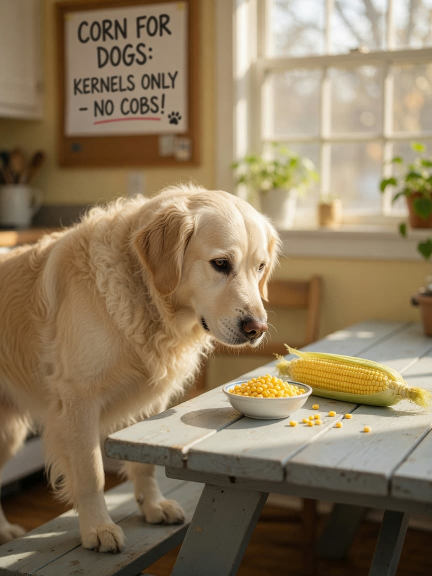 Golden retriever in a kitchen with corn kernels in a bowl and a corn cob separated on the table, illustrating safe versus dangerous corn preparation for dogs