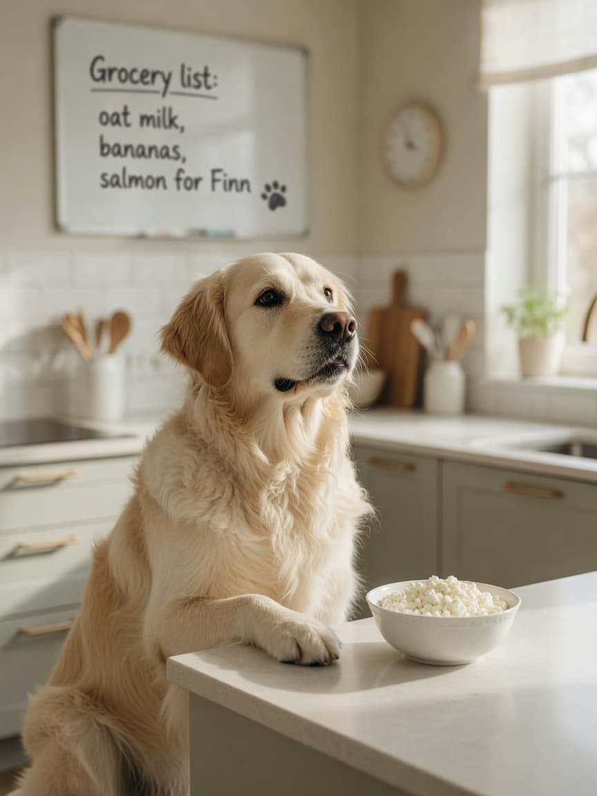 Golden retriever looking at a bowl of cottage cheese on a kitchen counter in natural daylight