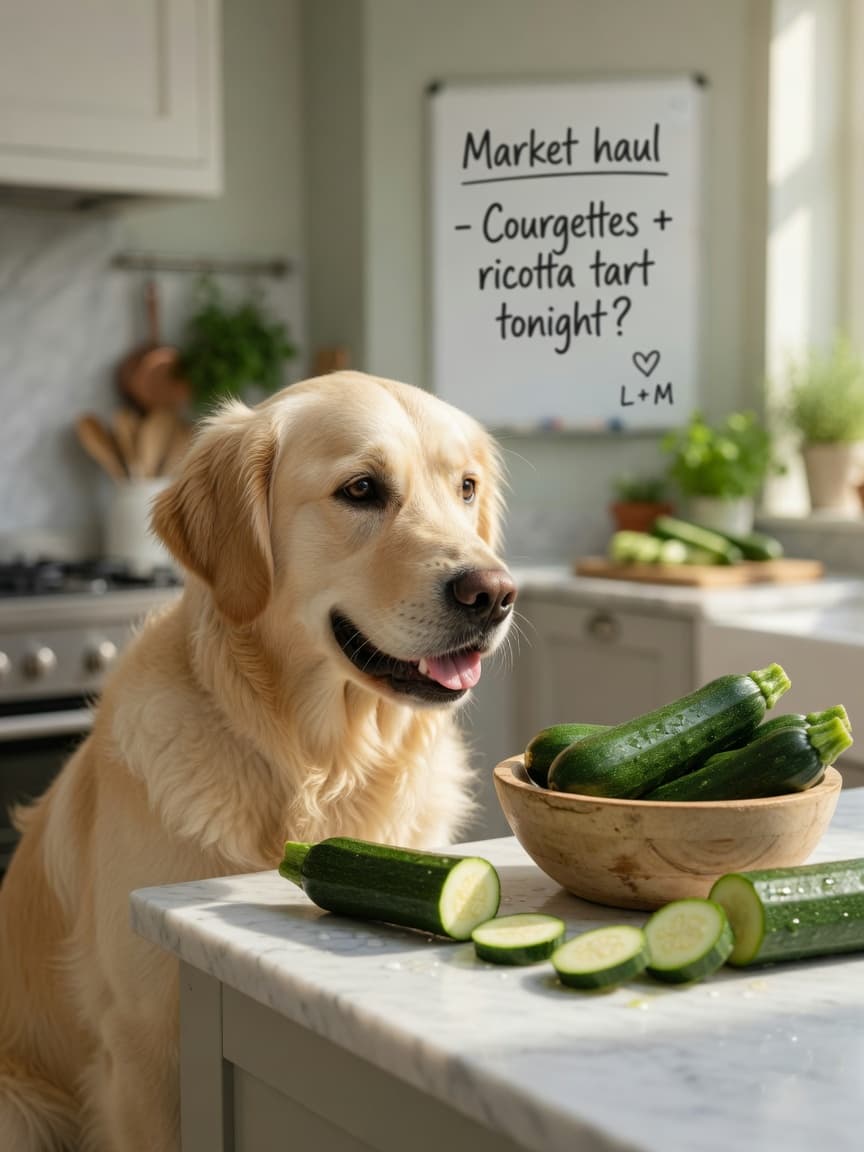 Golden retriever at a kitchen counter with fresh green courgettes in a wooden bowl and sliced rounds, soft natural window lighting