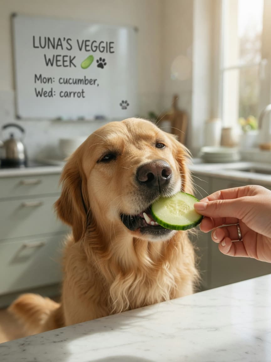 A golden retriever enjoying a fresh cucumber slice from a person's hand in a sunny kitchen
