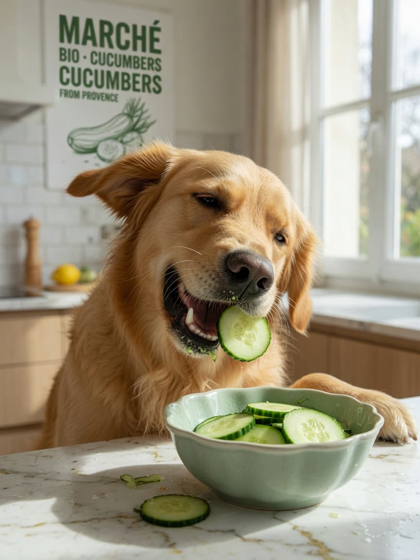 Dog happily eating fresh cucumber slices from a bowl on a kitchen counter