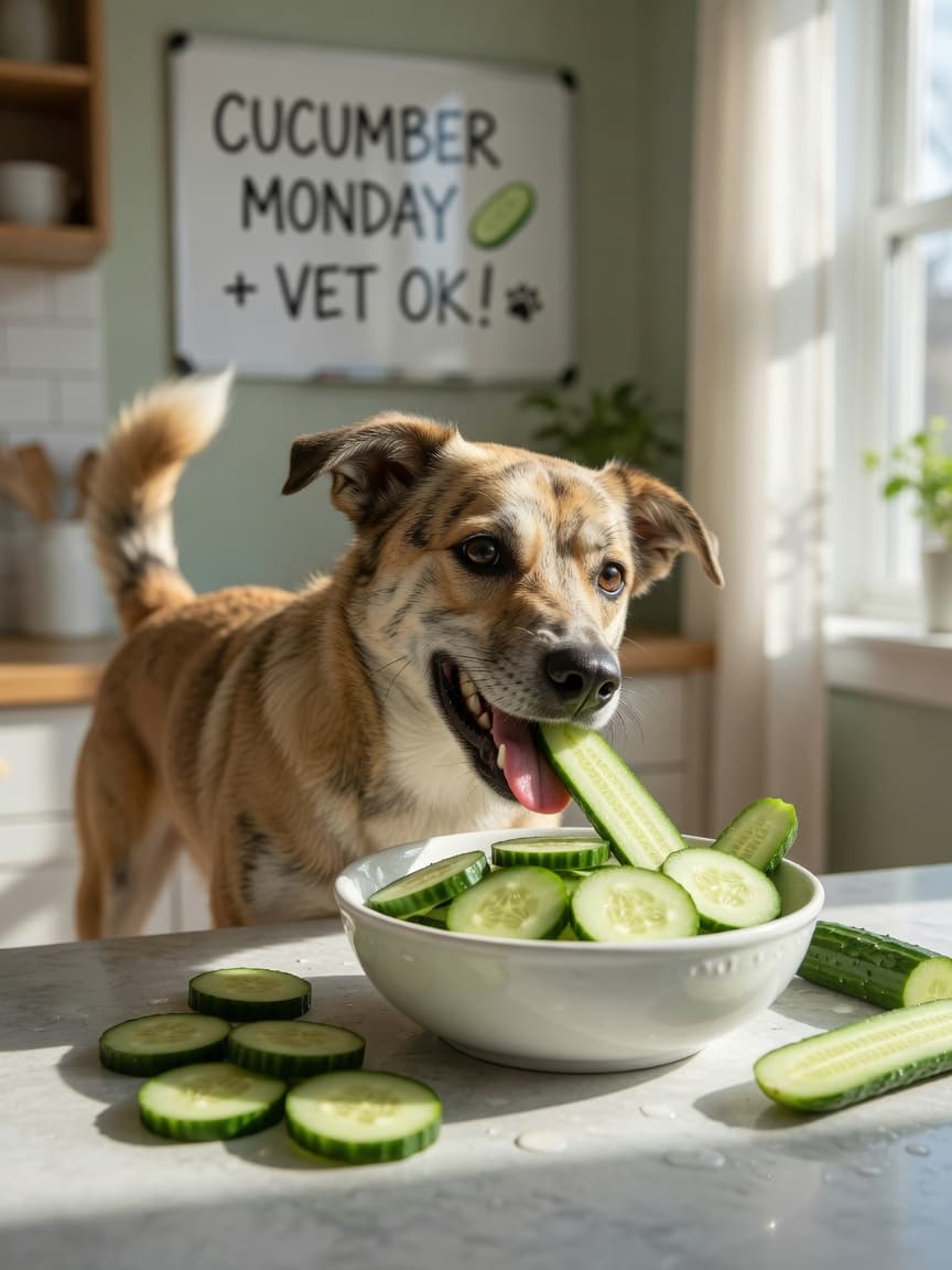 A dog happily eating cucumber slices from a bowl on a bright kitchen counter