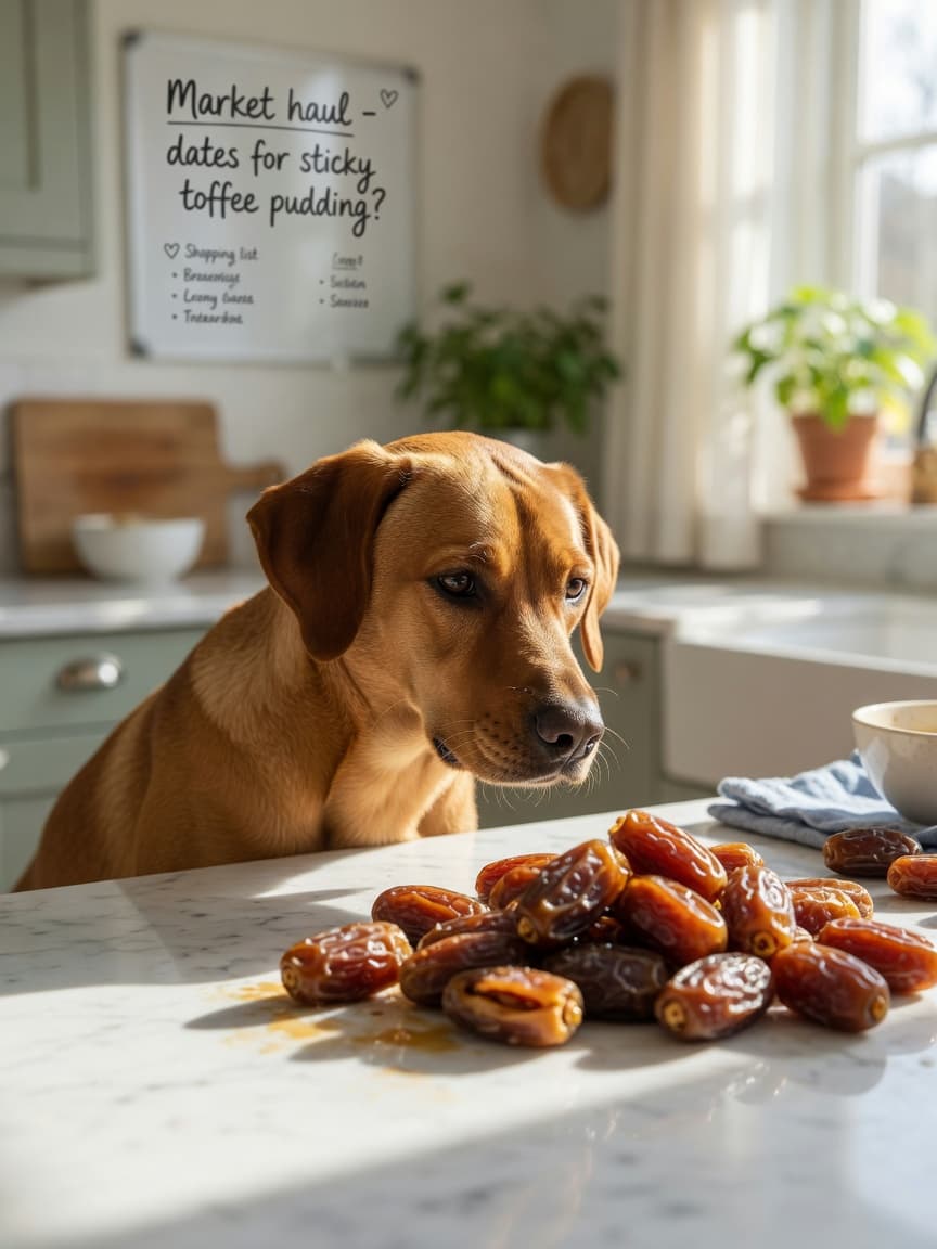 Dog sniffing at dates on a kitchen counter with curious expression