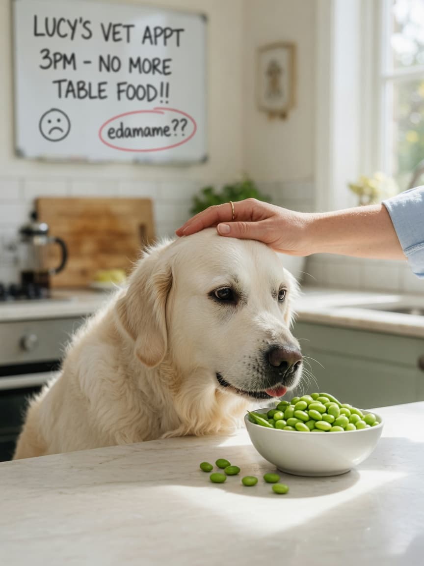 Golden Retriever sniffing a bowl of shelled edamame beans on a kitchen counter with owner's protective hand nearby