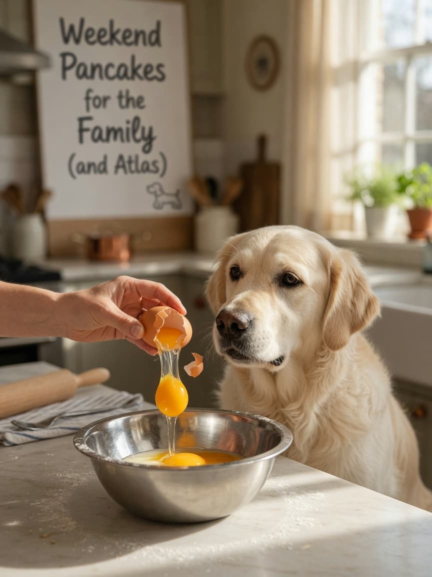 Golden retriever watching intently as an egg is cracked into a bowl on a kitchen counter in natural morning light