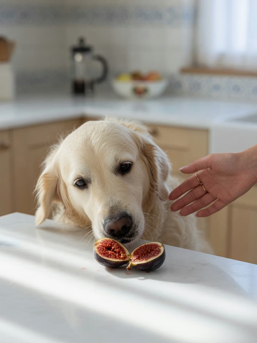 Golden retriever sniffing at a fresh fig on a kitchen counter while owner's hand reaches to stop it