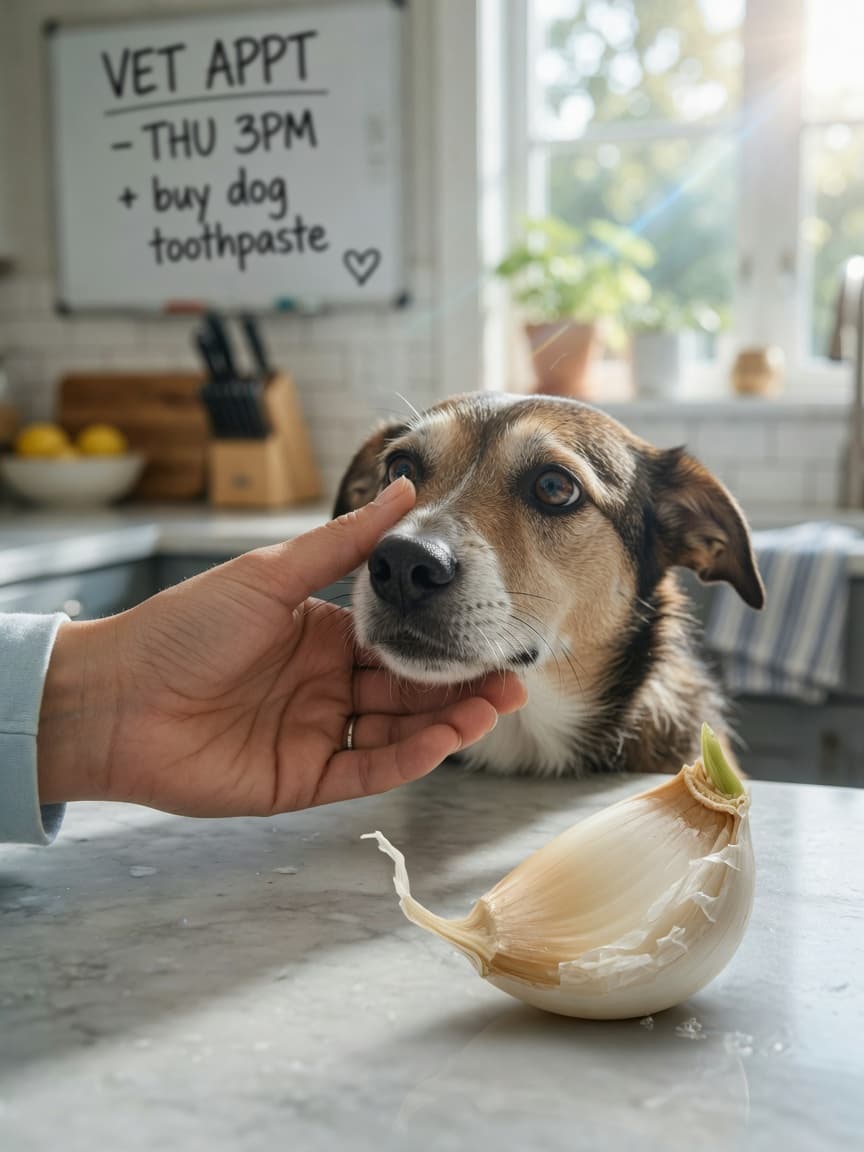 A dog owner's protective hand stopping their dog from eating a fresh garlic clove on a kitchen counter