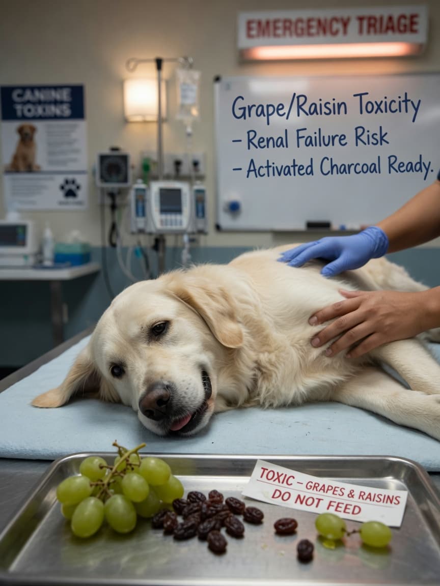 Emergency veterinary examination of a golden retriever showing distress, with grapes and raisins visible on a tray to illustrate grape toxicity danger.
