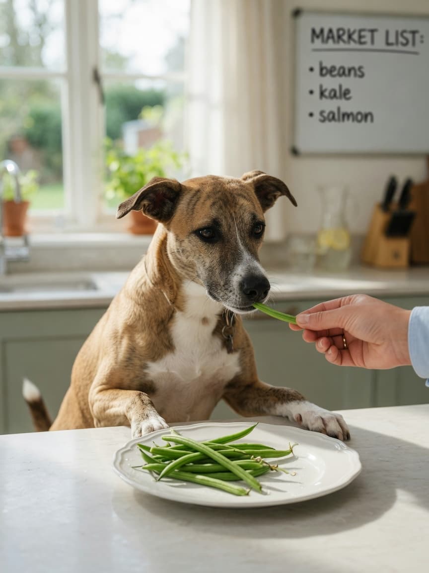 A dog being offered a fresh green bean by their owner at a kitchen counter