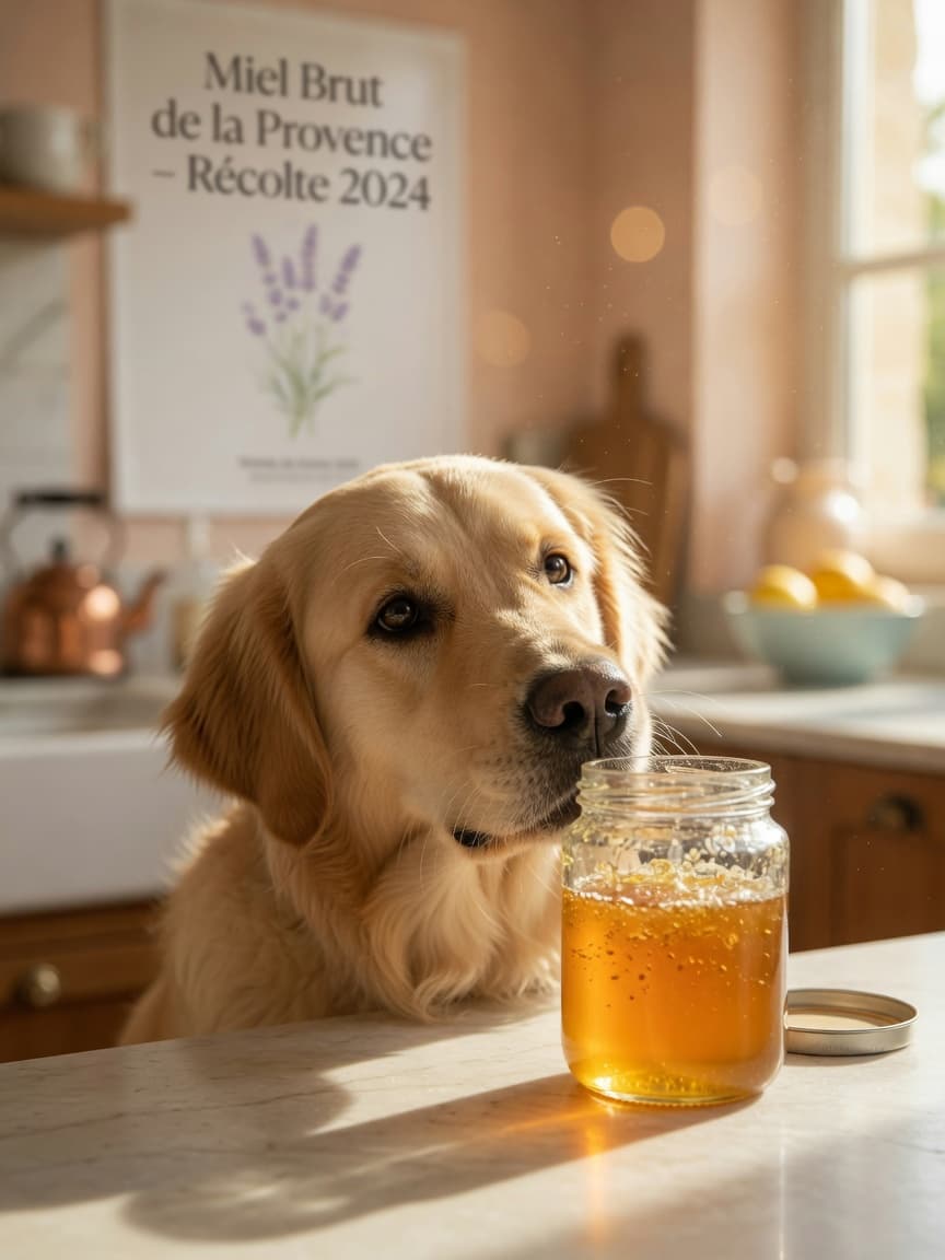 Golden retriever sniffing a jar of honey on a kitchen counter with sunlight in background
