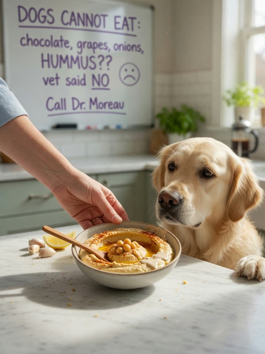 Dog owner's hand redirecting a curious dog away from a bowl of hummus on a kitchen counter
