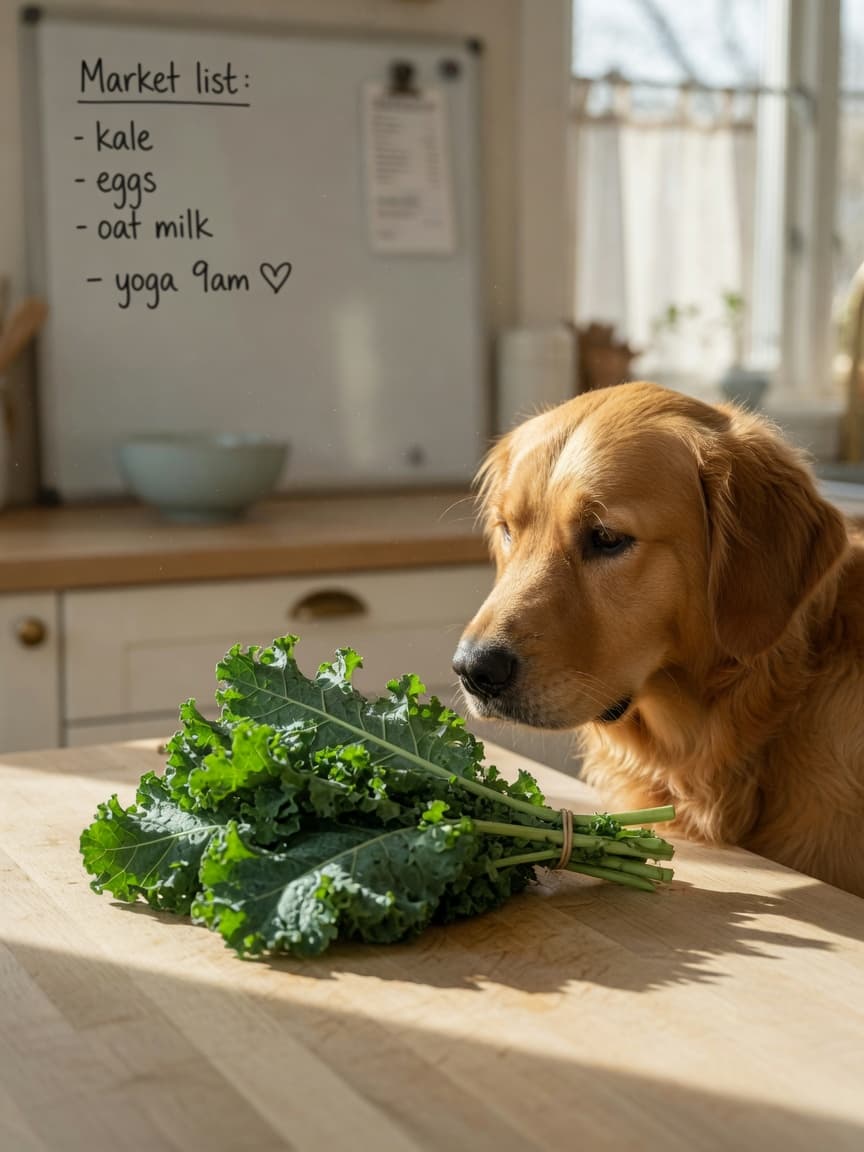 Golden retriever sniffing raw kale leaves on a kitchen counter in natural morning light