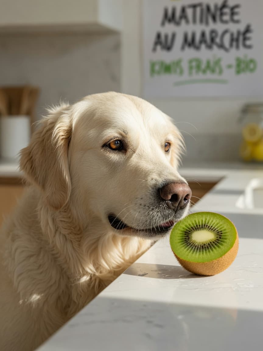 Golden Retriever sniffing a halved kiwi fruit on a kitchen counter with fresh green flesh visible