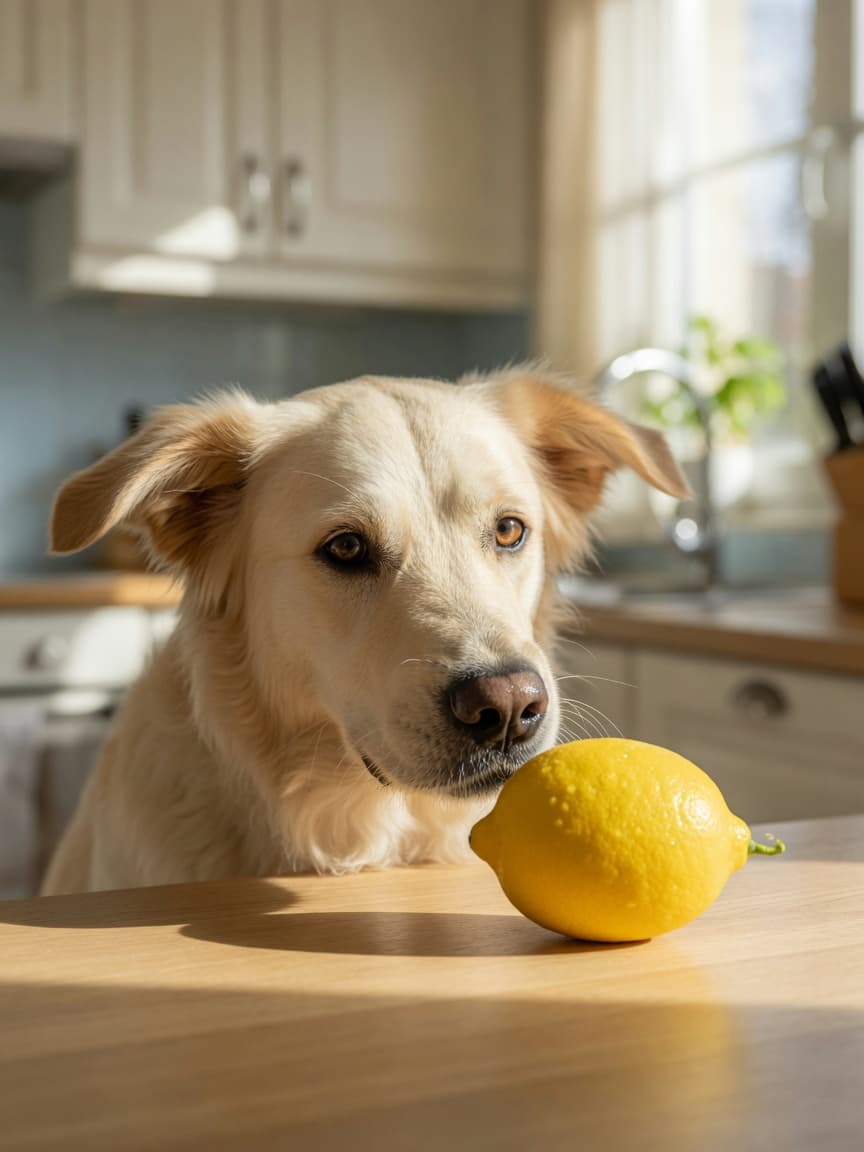 Golden retriever sniffing a lemon on a kitchen counter in natural morning light